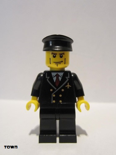 lego 2010 mini figurine air043 Airport - Pilot With Red Tie and 6 Buttons, Black Legs, Black Hat, Vertical Cheek Lines 