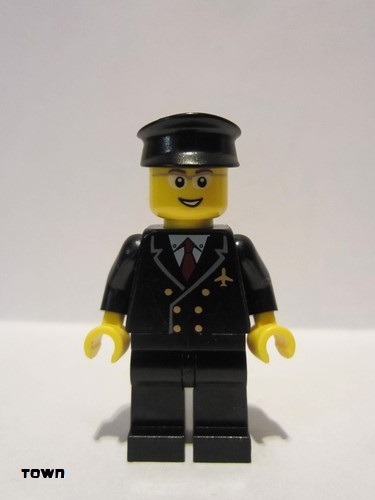 lego 2010 mini figurine air044 Airport - Pilot With Red Tie and 6 Buttons, Black Legs, Black Hat, Glasses and Open Smile 