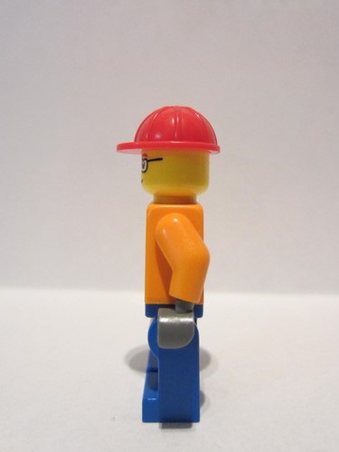 lego 2010 mini figurine cty0110a Construction Worker Orange Zipper, Safety Stripes, Orange Arms, Blue Legs, Red Construction Helmet, Red Eyebrows, Glasses 