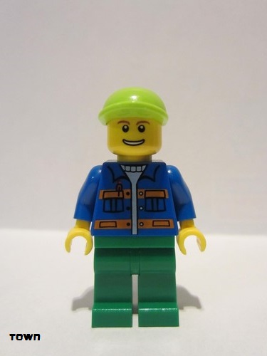 lego 2010 mini figurine cty0162 Citizen Blue Jacket with Pockets and Orange Stripes, Green Legs, Lime Short Bill Cap 