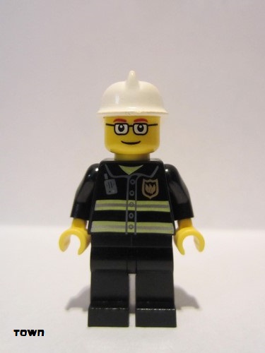 lego 2010 mini figurine cty0164a Fire Reflective Stripes, Black Legs, White Fire Helmet, Glasses and Red Thin Eyebrows 