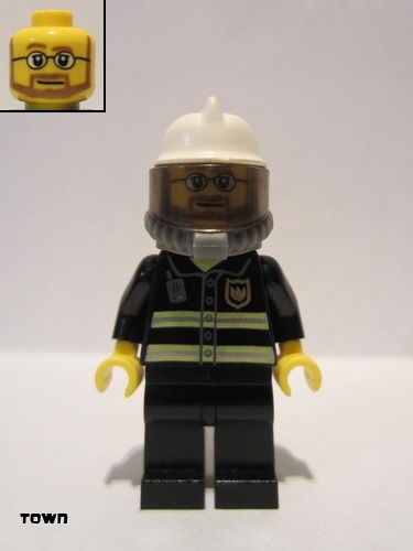 lego 2010 mini figurine cty0165 Fire Reflective Stripes, Black Legs, White Fire Helmet, Breathing Neck Gear with Airtanks, Yellow Hands, Beard and Glasses 