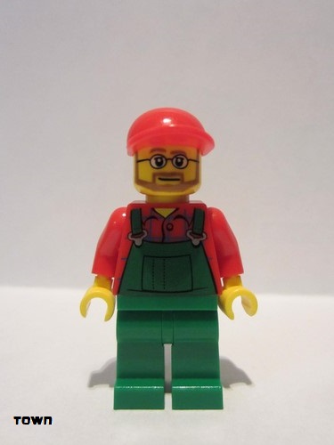 lego 2010 mini figurine cty0170 Farmer Overalls Farmer Green, Red Short Bill Cap, Beard and Glasses 