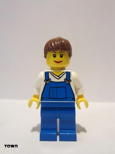 lego 2010 mini figurine cty0171 Farm Hand Female, Overalls Blue over V-Neck Shirt 