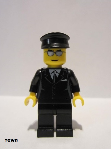 lego 2010 mini figurine cty0172 Airport Limo Driver Suit Black, Black Hat, Silver Sunglasses 