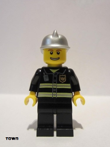 lego 2010 mini figurine cty0173 Fire Reflective Stripes, Black Legs, Silver Fire Helmet, Thin Grin with Teeth 