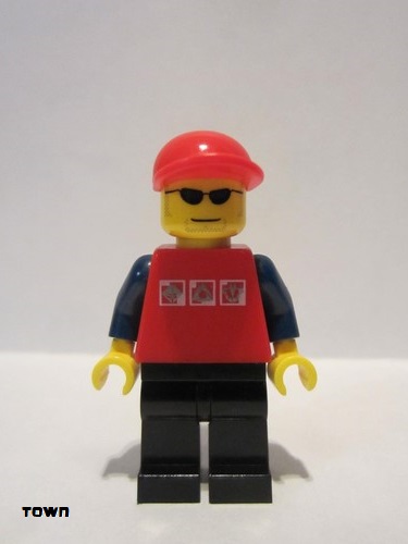 lego 2010 mini figurine cty0175 Citizen Red Shirt with 3 Silver Logos, Dark Blue Arms, Black Legs, Red Short Bill Cap, Glasses 