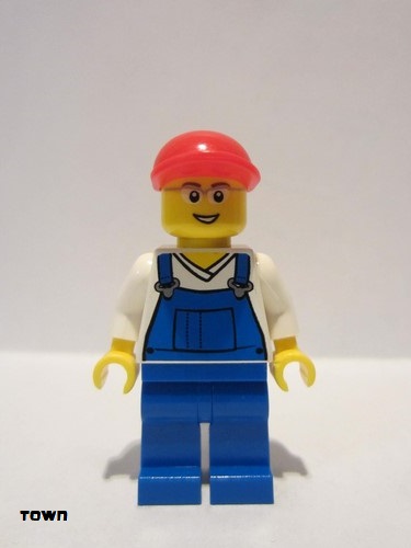 lego 2010 mini figurine cty0178 Citizen Overalls Blue over V-Neck Shirt, Blue Legs, Red Short Bill Cap, Glasses 