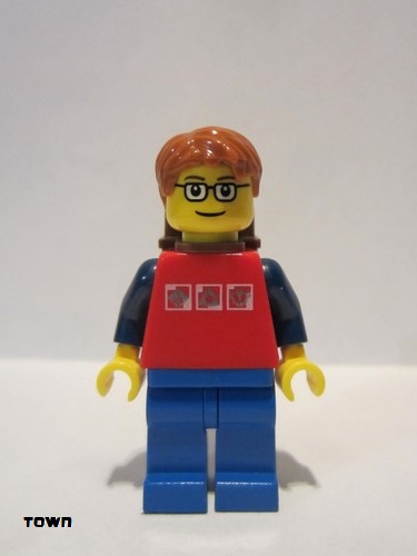 lego 2010 mini figurine cty0180 Citizen Red Shirt with 3 Silver Logos, Dark Blue Arms, Blue Legs, Dark Orange Short Tousled Hair, Backpack 