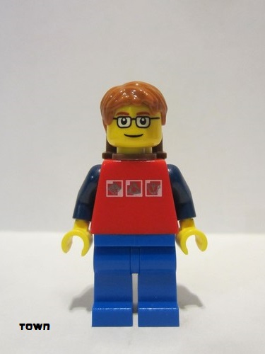 lego 2010 mini figurine cty0180a Citizen Red Shirt with 3 Silver Logos, Dark Blue Arms, Blue Legs, Dark Orange Short Tousled Hair, Red Eyebrows, Backpack 