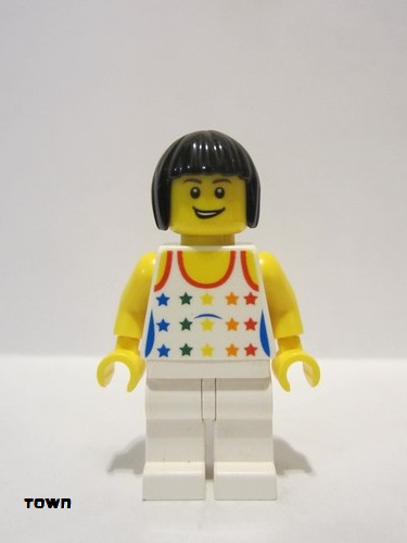 lego 2010 mini figurine cty0182 Citizen Shirt with Female Rainbow Stars Pattern, White Legs, Black Bob Cut Hair 