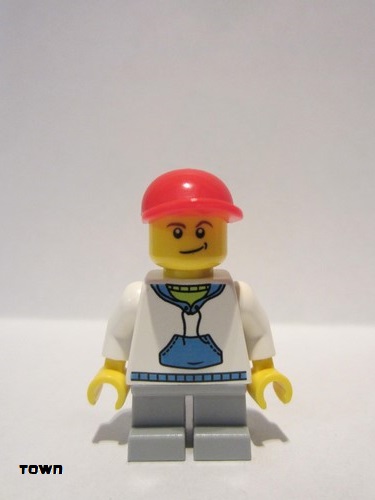 lego 2010 mini figurine cty0184 Citizen White Hoodie with Blue Pockets, Light Bluish Gray Short Legs, Red Short Bill Cap 