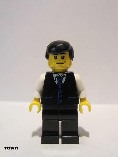 lego 2010 mini figurine cty0186 Bus Driver Black Vest with Blue Striped Tie, Black Legs, White Arms, Black Male Hair 