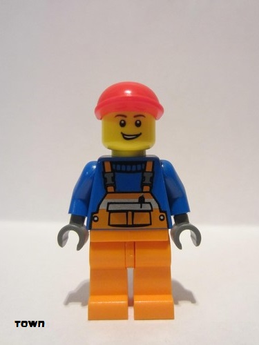 lego 2010 mini figurine cty0188 Citizen Overalls with Safety Stripe Orange, Orange Legs, Red Short Bill Cap, Open Grin 