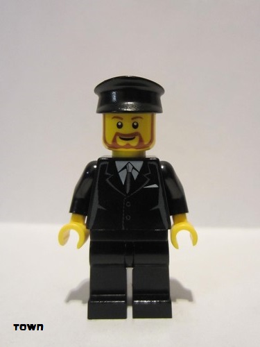 lego 2010 mini figurine cty0189 Tram Driver Suit Black, Black Police Hat, Brown Beard Rounded 
