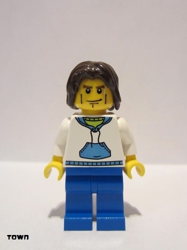 lego 2010 mini figurine cty0190 Citizen White Hoodie with Blue Pockets, Blue Legs, Dark Brown Mid-Length Tousled Hair 