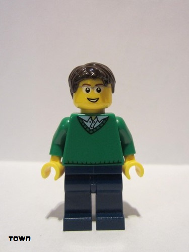 lego 2010 mini figurine cty0191 Citizen Green V-Neck Sweater, Dark Blue Legs, Dark Brown Short Tousled Hair, Glasses 