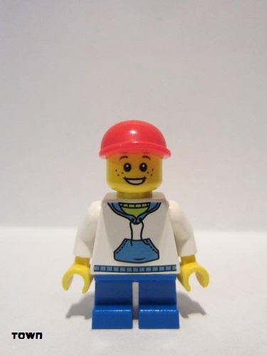 lego 2010 mini figurine cty0192 Citizen White Hoodie with Blue Pockets, Blue Short Legs, Red Short Bill Cap 