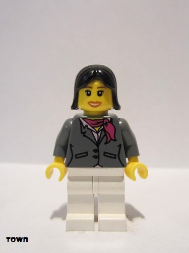 lego 2010 mini figurine cty0195 Citizen Dark Bluish Gray Jacket with Magenta Scarf, White Legs, Black Female Hair 
