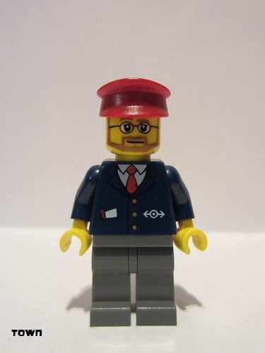 lego 2010 mini figurine trn148 Citizen Dark Blue Suit with Train Logo, Dark Bluish Gray Legs, Dark Red Hat, Beard and Glasses 