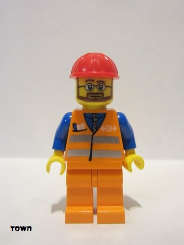 lego 2010 mini figurine trn224 Citizen Orange Vest with Safety Stripes - Orange Legs, Red Construction Helmet, Beard and Glasses 