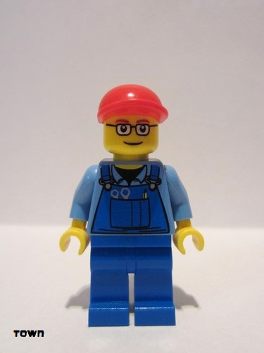 lego 2010 mini figurine trn227a Citizen Overalls with Tools in Pocket, Blue Legs, Red Short Bill Cap, Glasses with Red Thin Eyebrows 