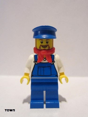 lego 2010 mini figurine trn228 Cargo Train Driver Overalls Blue over V-Neck Shirt, Blue Legs, Blue Hat, Brown Beard Rounded - Cargo Train Driver 