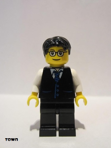 lego 2010 mini figurine twn052 Citizen Black Vest with Blue Striped Tie, Black Legs, White Arms, Black Short Tousled Hair, Glasses 