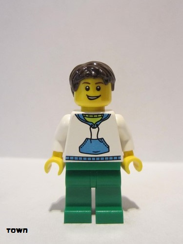 lego 2010 mini figurine twn096 Citizen White Hoodie with Blue Pockets, Green Legs, Dark Brown Short Tousled Hair 
