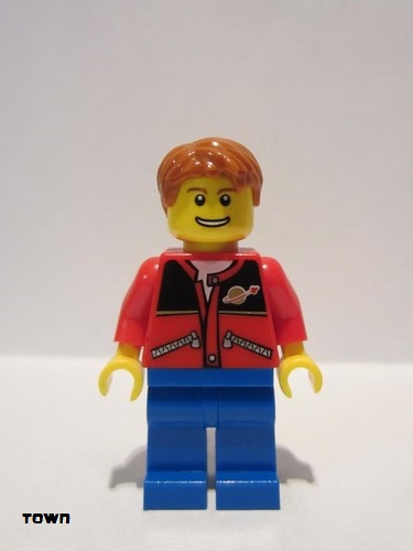 lego 2010 mini figurine twn097 Citizen Red Jacket with Zipper Pockets and Classic Space Logo, Blue Legs, Dark Orange Short Tousled Hair 