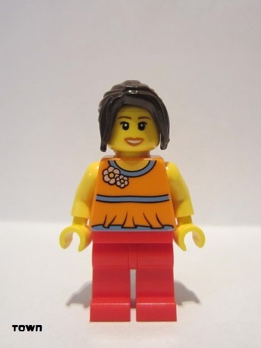 lego 2010 mini figurine twn098 Citizen Orange Halter Top with Medium Blue Trim and Flowers Pattern, Red Legs, Dark Brown Hair Ponytail Long with Side Bangs 