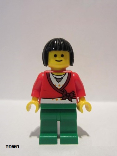 lego 2010 mini figurine twn103 Citizen Sweater Cropped with Bow, Heart Necklace, Green Legs, Black Bob Cut Hair 