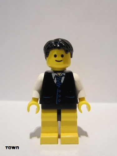 lego 2010 mini figurine twn104 Citizen Black Vest with Blue Striped Tie, Black Hips and Yellow Legs, Black Short Tousled Hair 