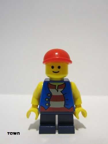 lego 2010 mini figurine twn105 Citizen Vest over Red and White Striped Shirt, Dark Blue Short Legs, Red Short Bill Cap 