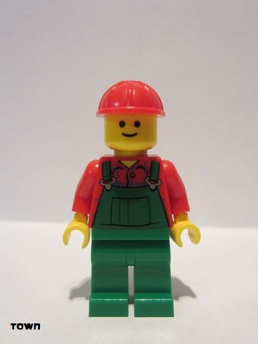 lego 2010 mini figurine twn106 Citizen Overalls Farmer Green, Red Construction Helmet 