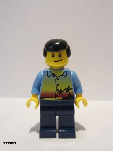 lego 2010 mini figurine twn107 Citizen Sunset and Palm Trees - Dark Blue Legs, Black Male Hair, Crooked Smile 