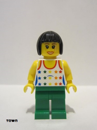 lego 2010 mini figurine twn110 Citizen Shirt with Female Rainbow Stars Pattern, Green Legs, Black Bob Cut Hair 