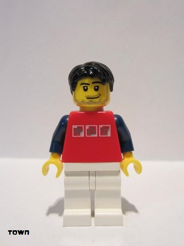 lego 2010 mini figurine twn111 Citizen Red Shirt with 3 Silver Logos, Dark Blue Arms, White Legs, Black Short Tousled Hair 