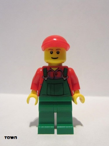 lego 2010 mini figurine twn115 Farmer Overalls Farmer Green, Red Short Bill Cap 