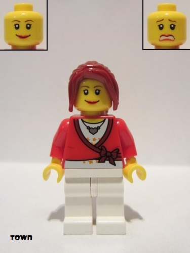 lego 2010 mini figurine twn117 Citizen Sweater Cropped with Bow, Heart Necklace, White Legs, Dark Red Hair Ponytail Long with Side Bangs 