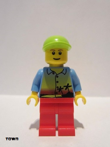 lego 2010 mini figurine twn118 Citizen Sunset and Palm Trees - Red Legs, Lime Short Bill Cap 