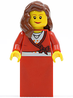 lego 2010 mini figurine twn121 Citizen Sweater Cropped with Bow, Heart Necklace, Red Skirt, Reddish Brown Female Hair over Shoulder, Small Eylashes and Wide Smile 