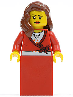 lego 2010 mini figurine twn121a Citizen Sweater Cropped with Bow, Heart Necklace, Red Skirt, Reddish Brown Female Hair over Shoulder, Eyelashes and Smile 