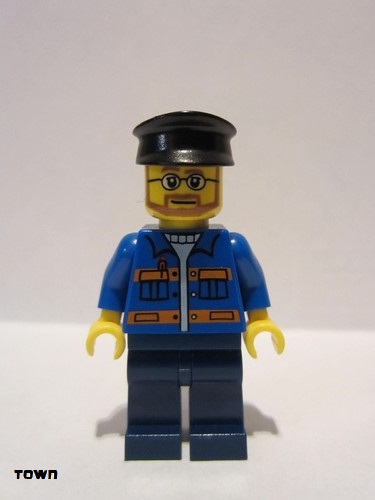 lego 2010 mini figurine twn124 Citizen Blue Jacket with Pockets and Orange Stripes, Dark Blue Legs, Black Hat 