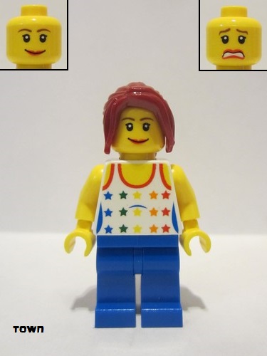 lego 2010 mini figurine twn128 Citizen Shirt with Female Rainbow Stars Pattern, Blue Legs, Dark Red Hair Ponytail Long with Side Bangs 