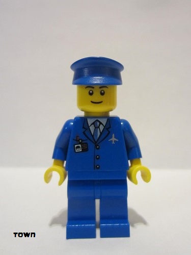 lego 2011 mini figurine air046a Airport Blue 3 Button Jacket and Tie, Blue Hat, Blue Legs, Black Eyebrows 