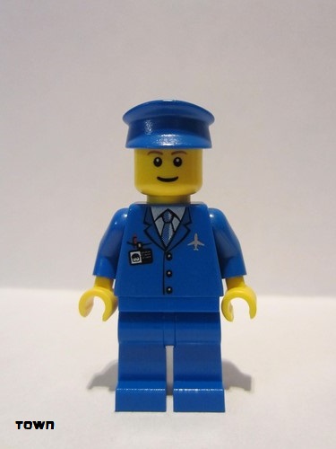 lego 2011 mini figurine air046b Airport Blue 3 Button Jacket and Tie, Blue Hat, Blue Legs, Reddish Brown Eyebrows 