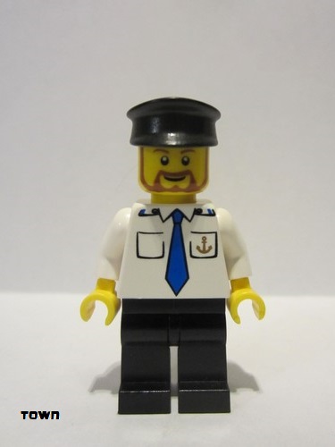 lego 2011 mini figurine boat012 Boat Captain With Blue Tie and Anchor on Pocket, Black Hat, Brown Beard Rounded 