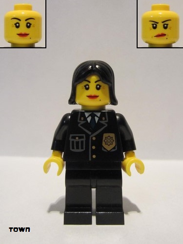 lego 2011 mini figurine cop053 Police City Suit with Blue Tie and Badge, Black Legs, Black Female Hair 