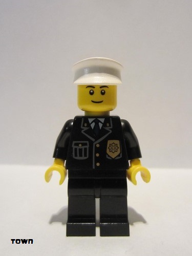 lego 2011 mini figurine cty0005a Police City Suit with Blue Tie and Badge, Black Legs, White Hat, Black Eyebrows, Thin Grin 